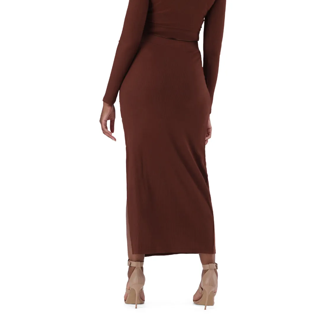 LAYLA BROWN CHOCOLATE HIGH WAISTED RIB BODYCON MIDI SKIRT WITH TWIST