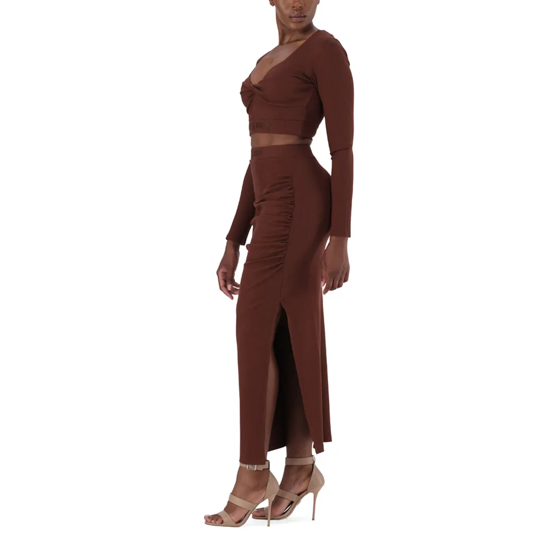 LAYLA BROWN CHOCOLATE HIGH WAISTED RIB BODYCON MIDI SKIRT WITH TWIST