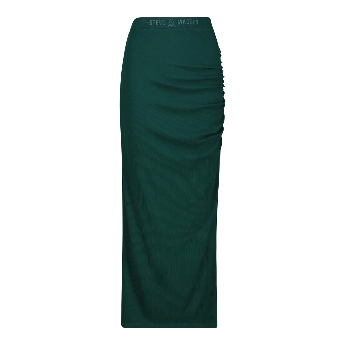 Dark Green High-Waisted Ribbed Bodycon Midi Skirt with Twist - Layla
