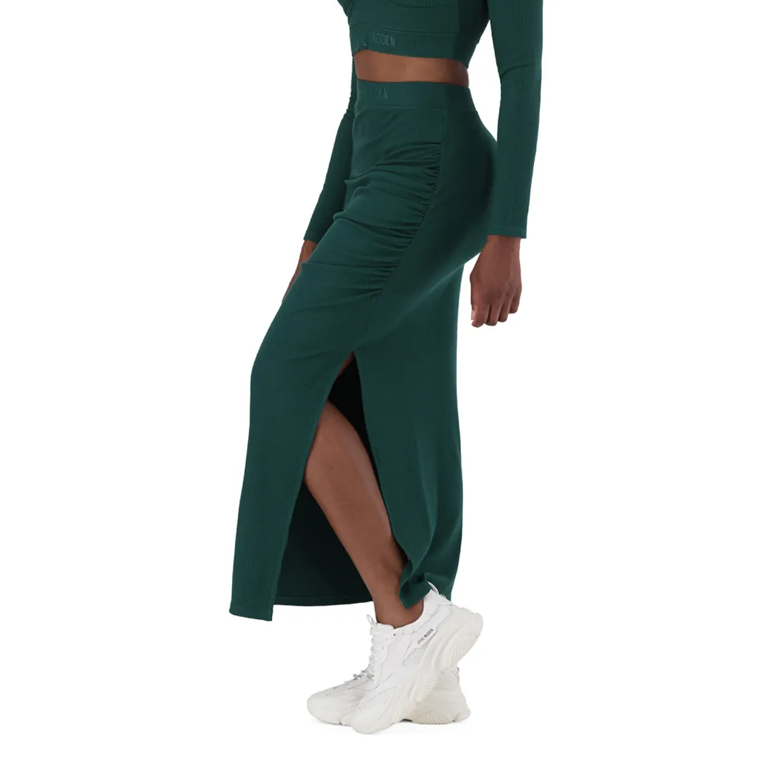Dark Green High-Waisted Ribbed Bodycon Midi Skirt with Twist - Layla