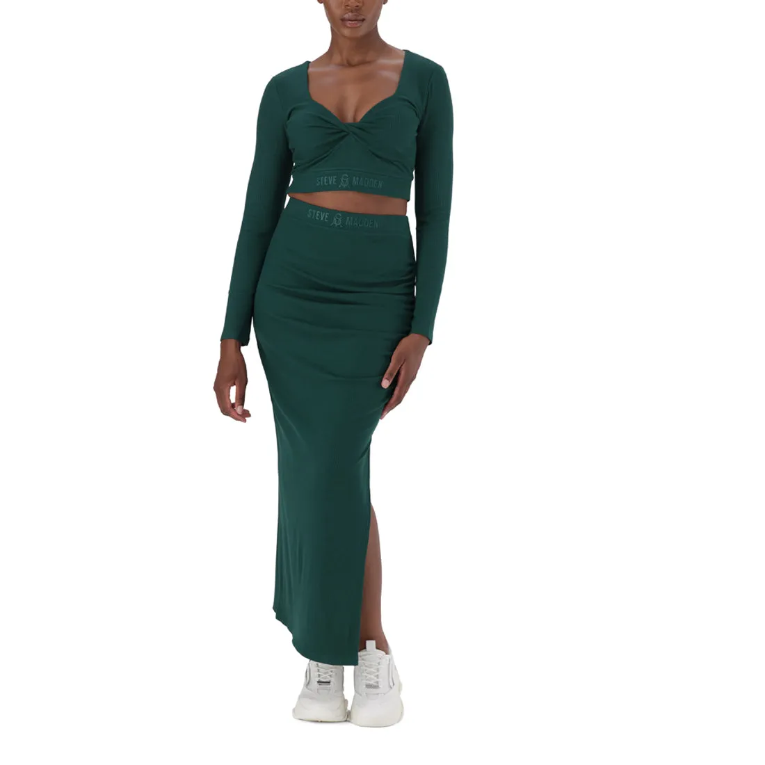 Dark Green High-Waisted Ribbed Bodycon Midi Skirt with Twist - Layla