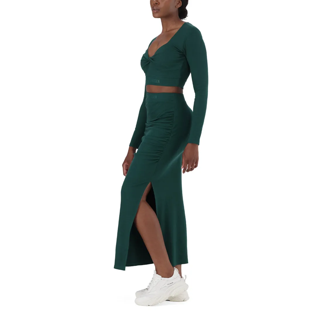 Dark Green High-Waisted Ribbed Bodycon Midi Skirt with Twist - Layla