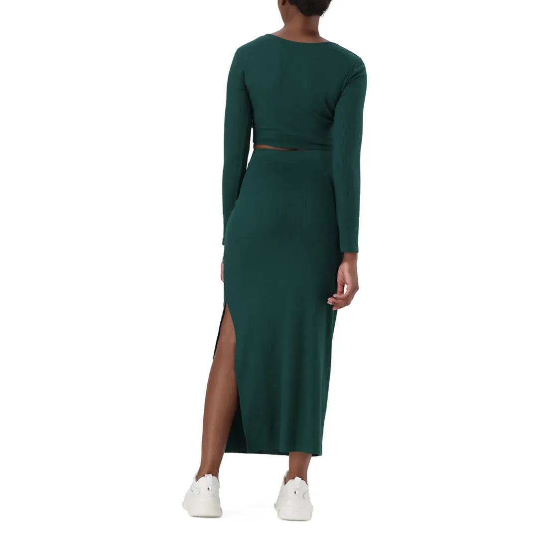 Dark Green High-Waisted Ribbed Bodycon Midi Skirt with Twist - Layla