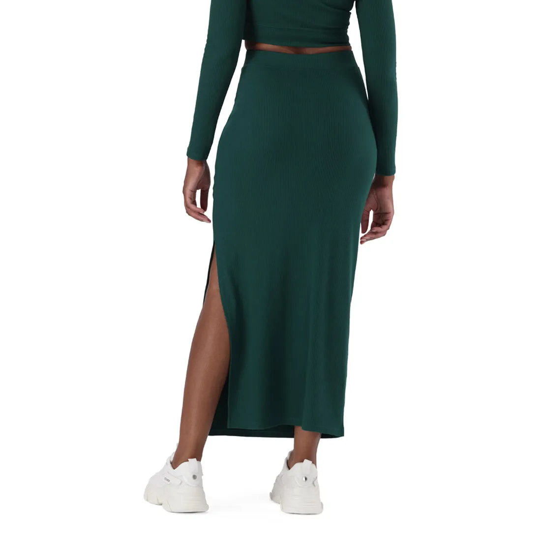 Dark Green High-Waisted Ribbed Bodycon Midi Skirt with Twist - Layla