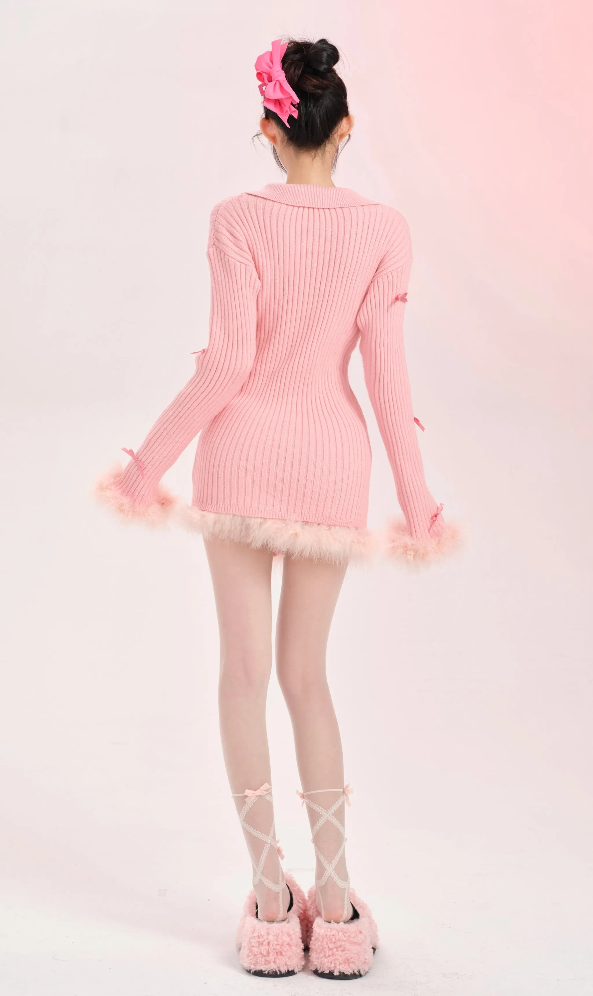 Lucia Autumn Sweet Pink Bow Knitted Top Fitted Cardigan Short Skirt Two Piece Set