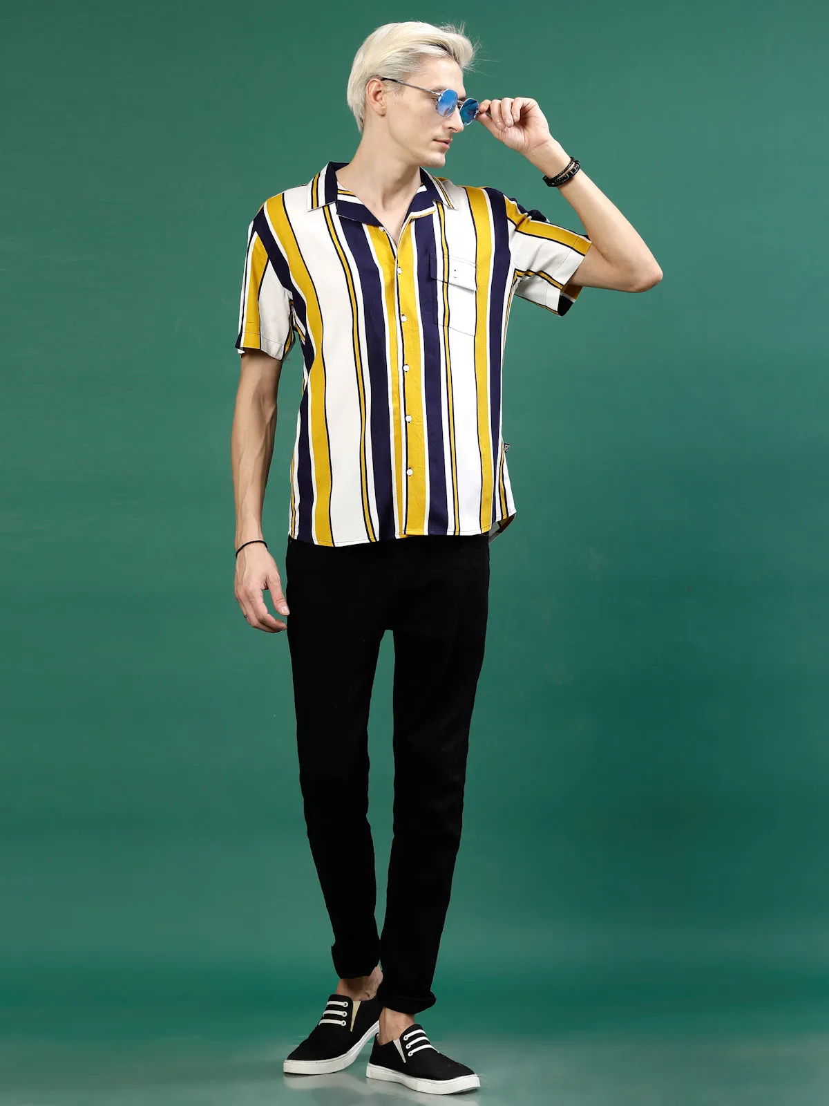 Men's Striped Rayon Cut Away Collar Shirt