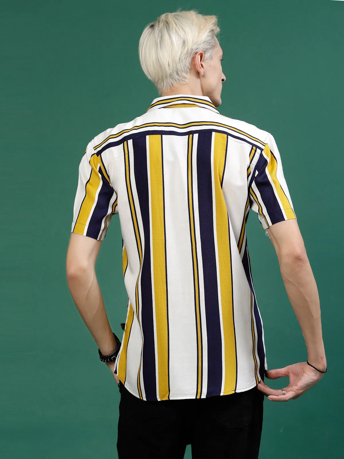 Men's Striped Rayon Cut Away Collar Shirt