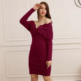 New Knitted Dress Slim Fit V-neck Sweater Dress