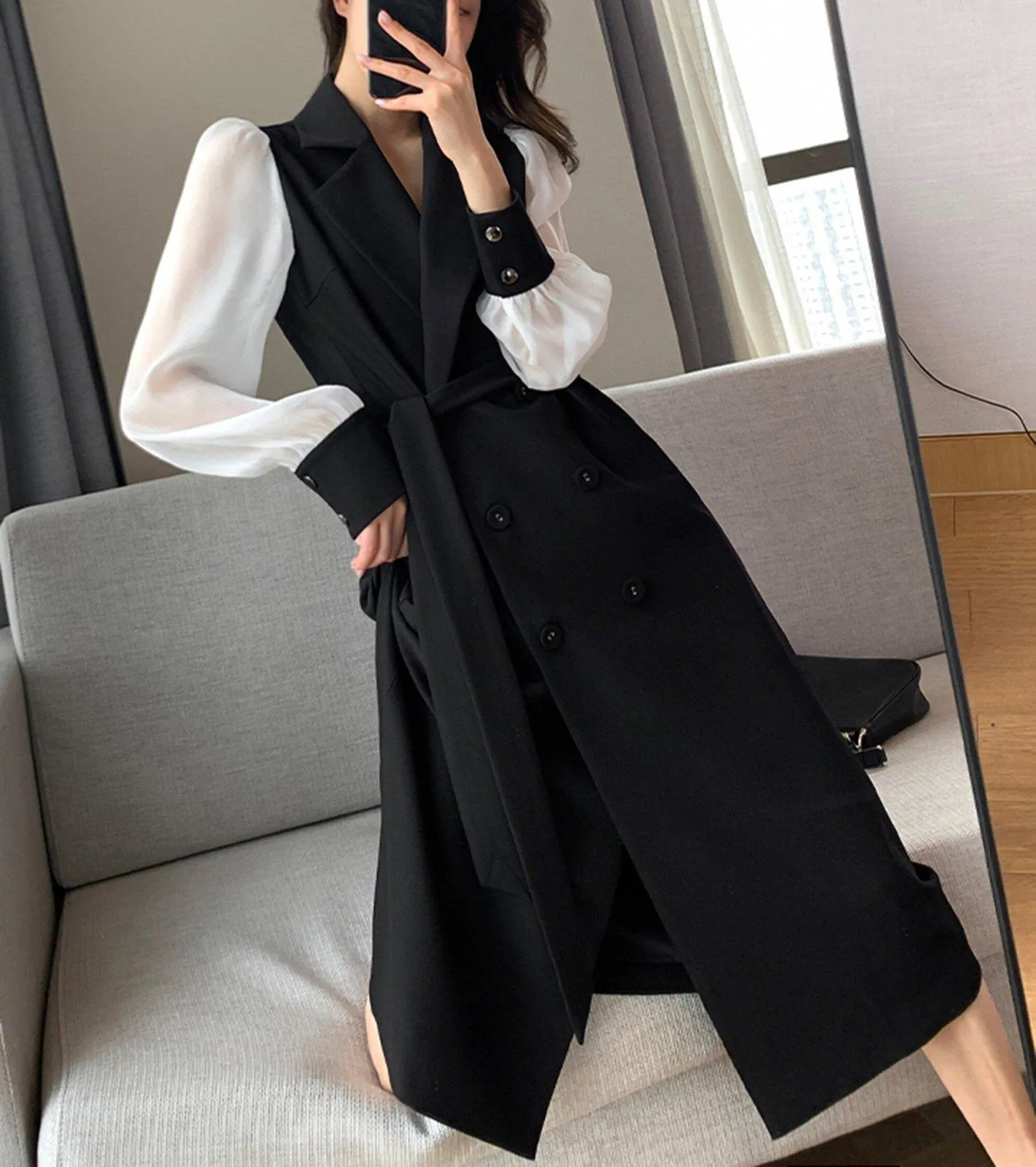 Patchwork Long Sleeve Belted Blazer Dress