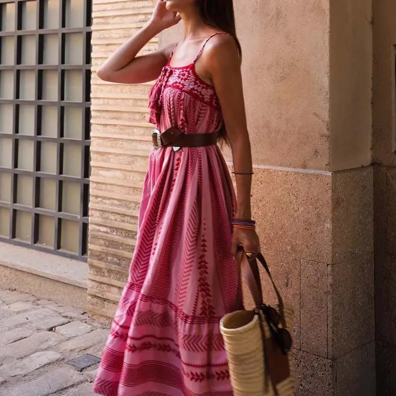 Pink & Red Cotton Combination Crochet Knit Dress