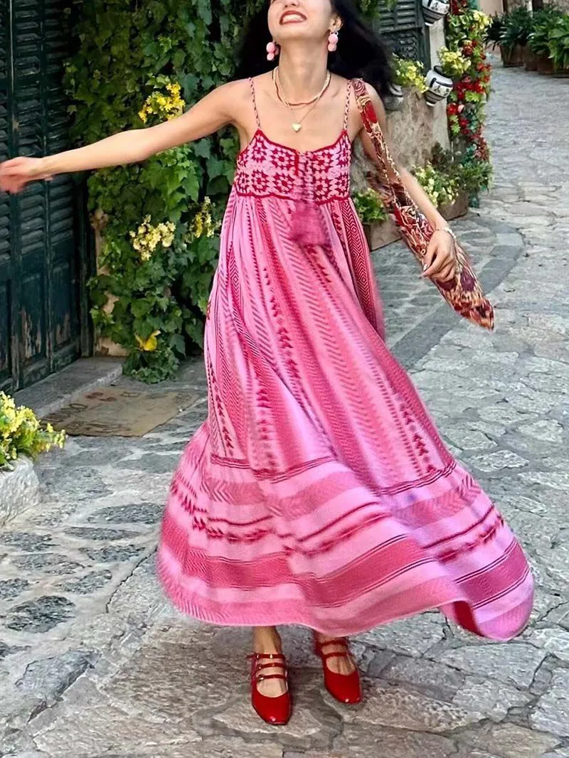 Pink & Red Cotton Combination Crochet Knit Dress