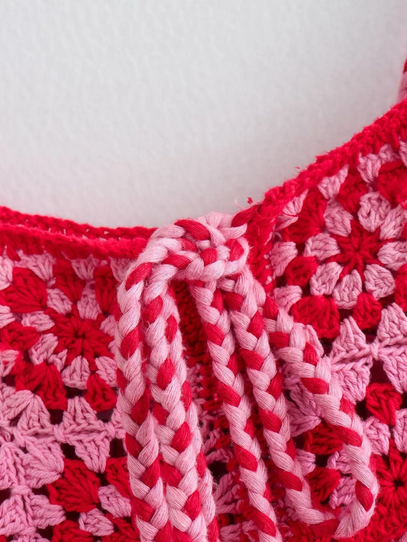Pink & Red Cotton Combination Crochet Knit Dress