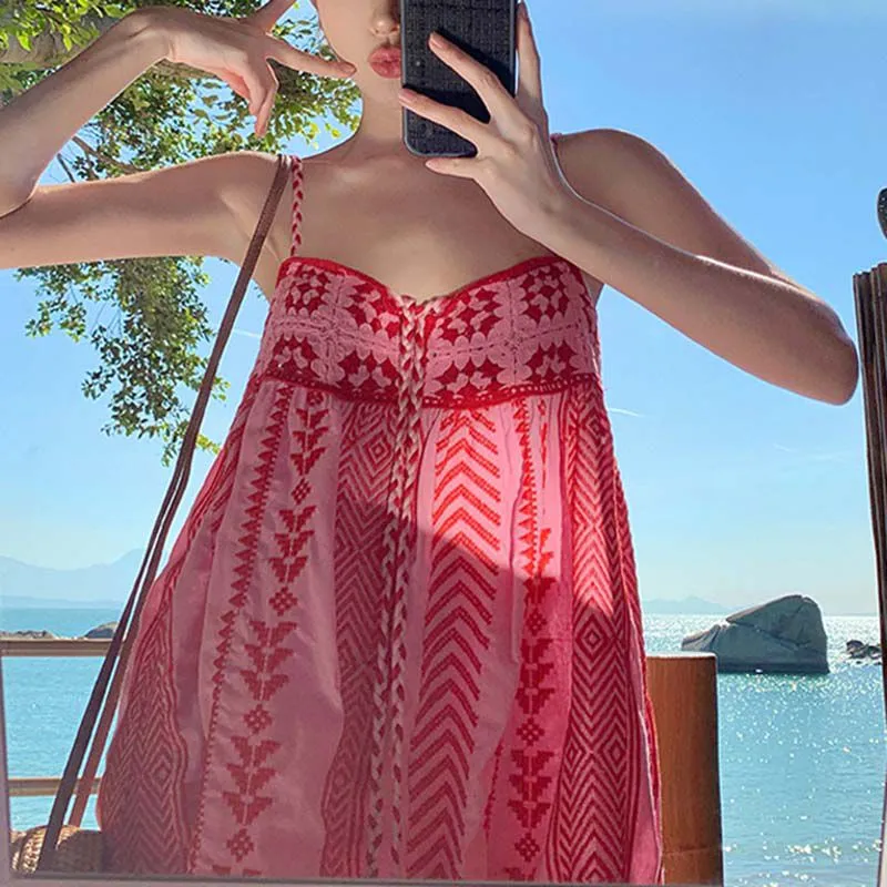 Pink & Red Cotton Combination Crochet Knit Dress
