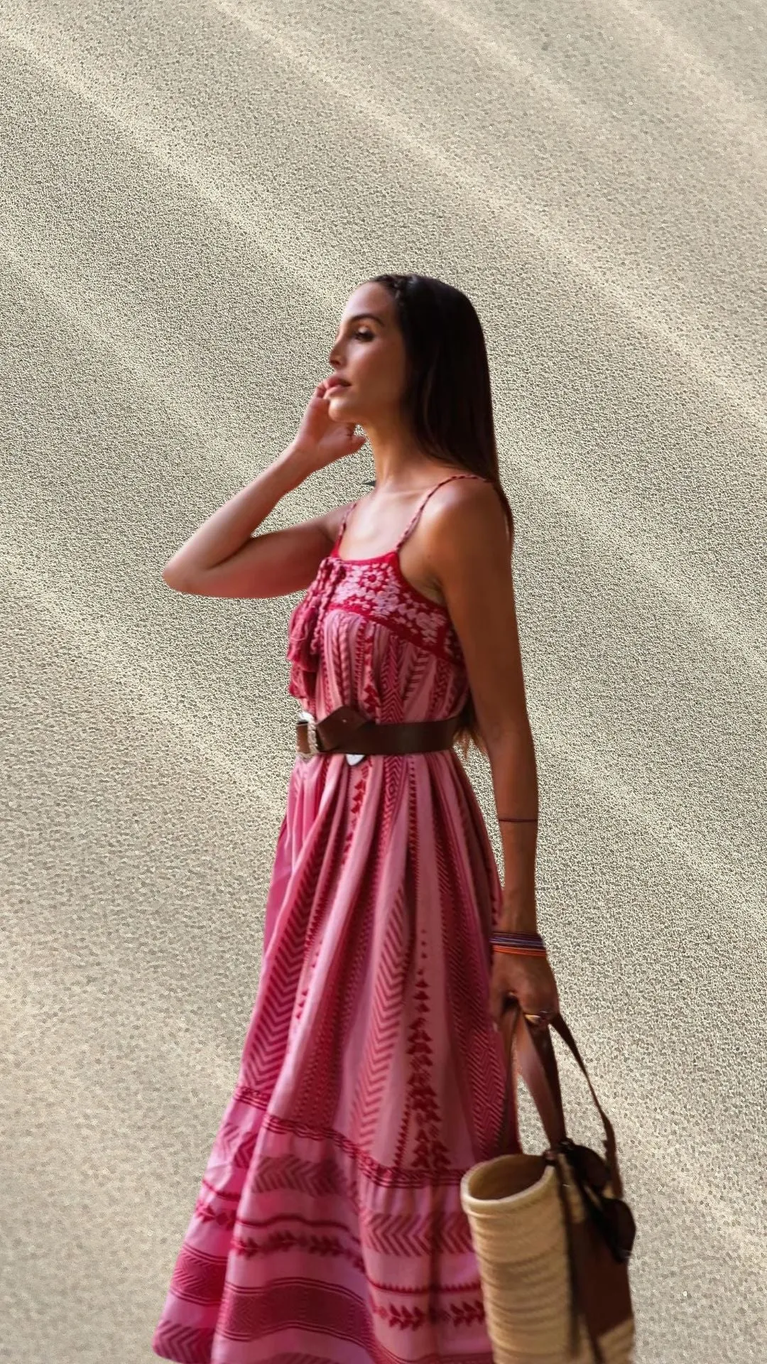 Pink & Red Cotton Combination Crochet Knit Dress