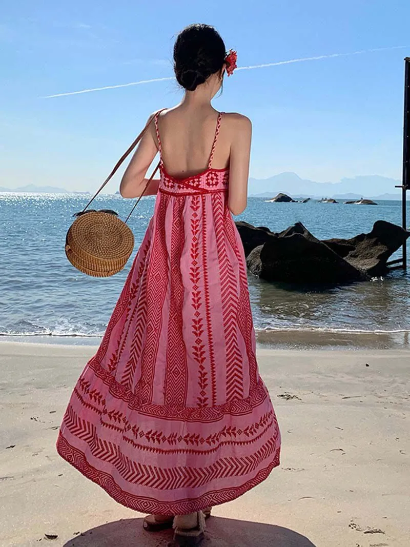 Pink & Red Cotton Combination Crochet Knit Dress