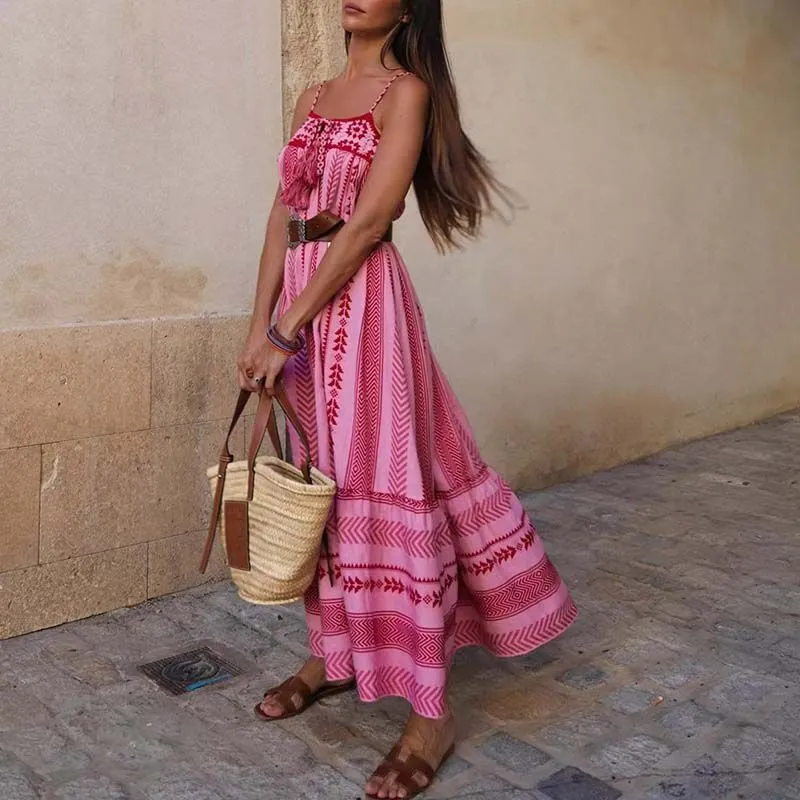 Pink & Red Cotton Combination Crochet Knit Dress