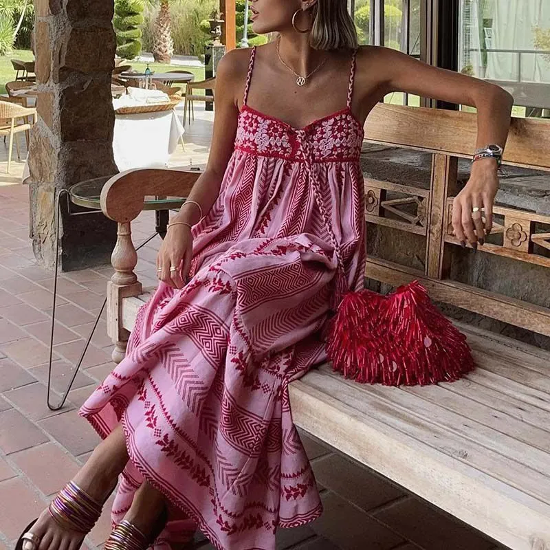 Pink & Red Cotton Combination Crochet Knit Dress