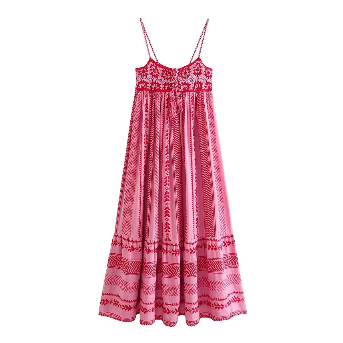 Pink & Red Cotton Combination Crochet Knit Dress