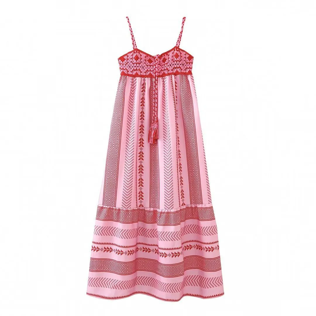 Pink & Red Cotton Combination Crochet Knit Dress