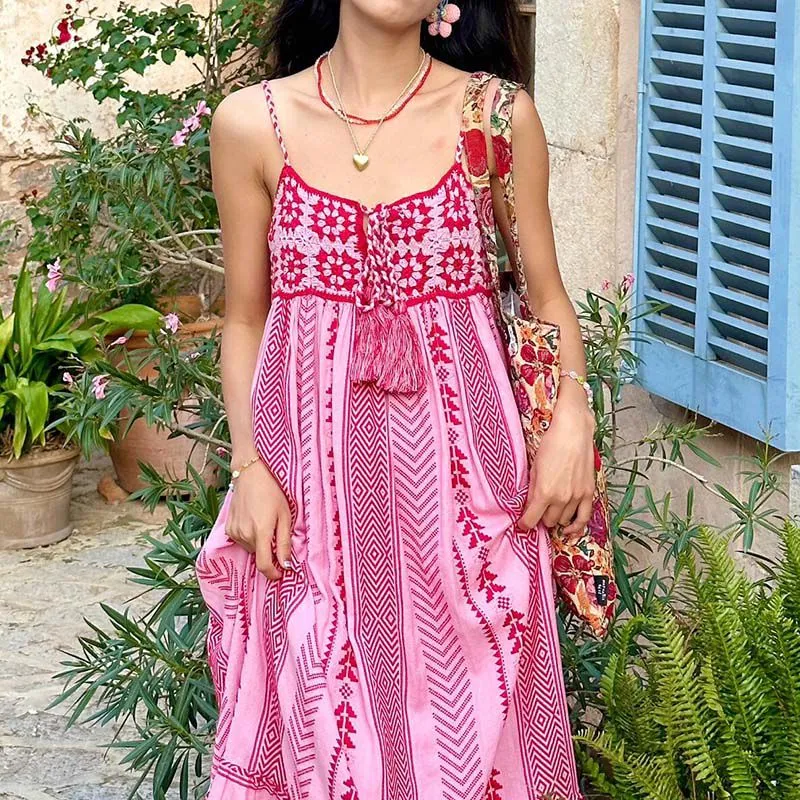 Pink & Red Cotton Combination Crochet Knit Dress