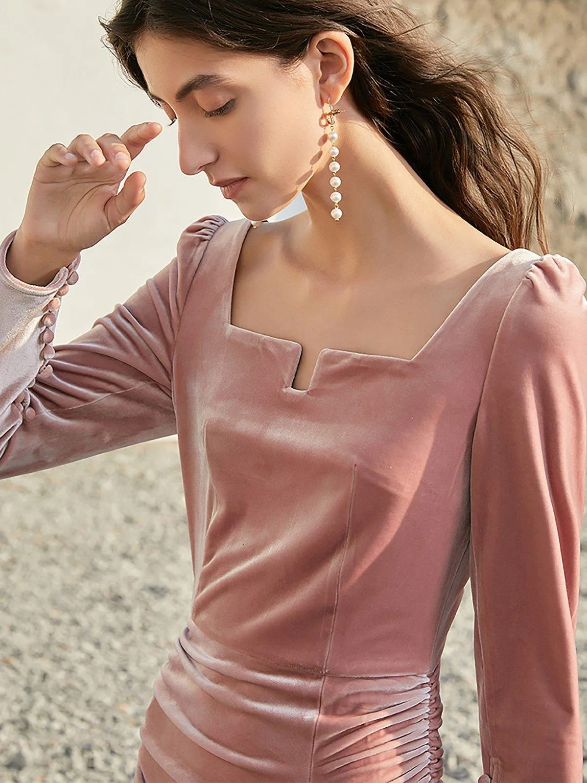 Elegant Pink Velvet Long Sleeve Maxi Dress for Women