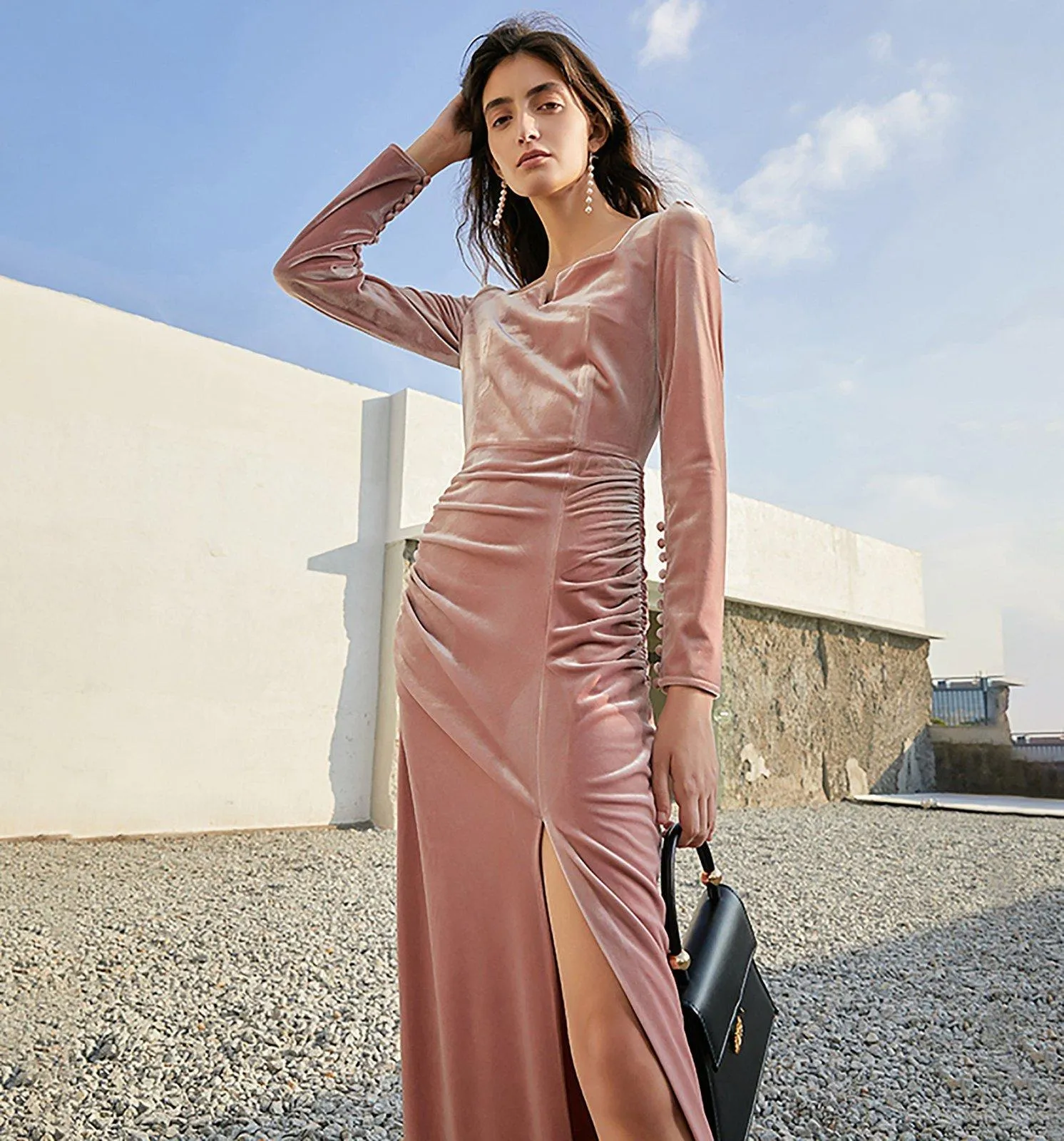 Elegant Pink Velvet Long Sleeve Maxi Dress for Women