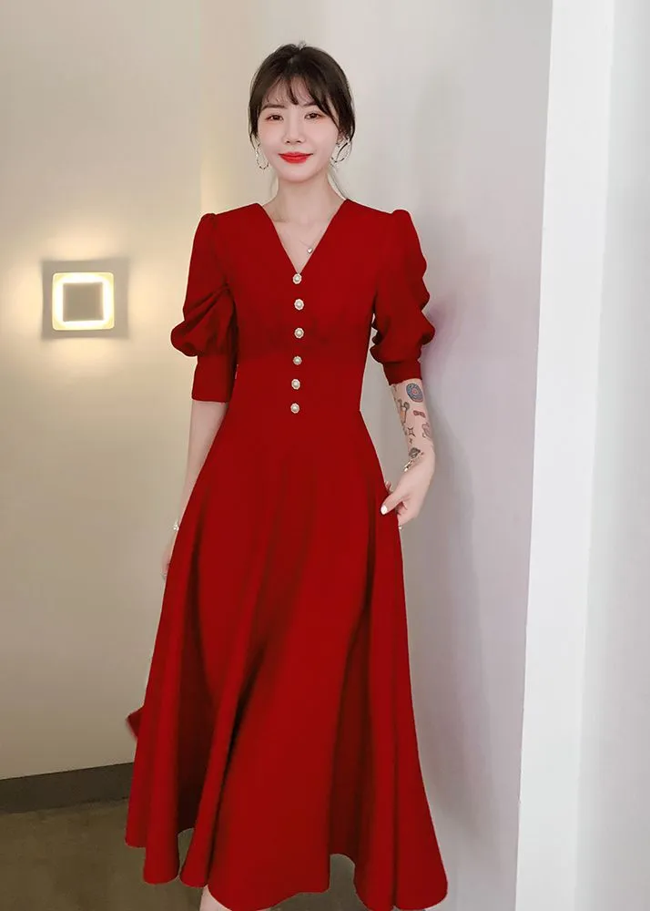 Elegant Puff Sleeve Beaded Fit & Flare Maxi Dress
