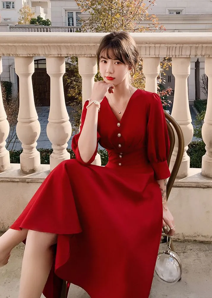 Elegant Puff Sleeve Beaded Fit & Flare Maxi Dress