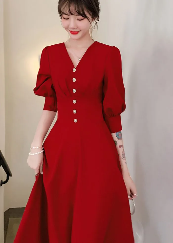 Elegant Puff Sleeve Beaded Fit & Flare Maxi Dress