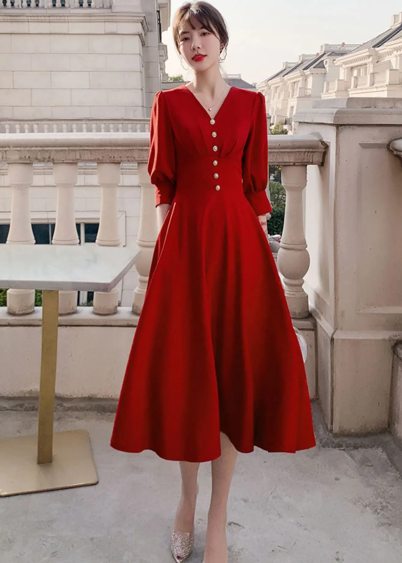 Elegant Puff Sleeve Beaded Fit & Flare Maxi Dress