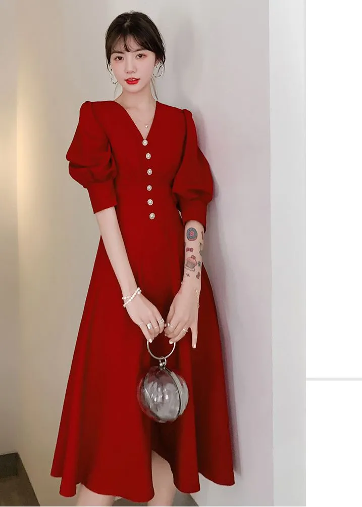 Elegant Puff Sleeve Beaded Fit & Flare Maxi Dress