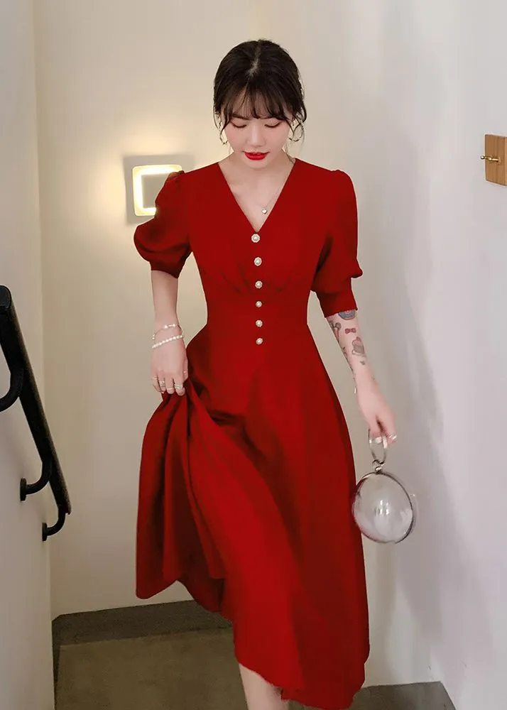 Elegant Puff Sleeve Beaded Fit & Flare Maxi Dress