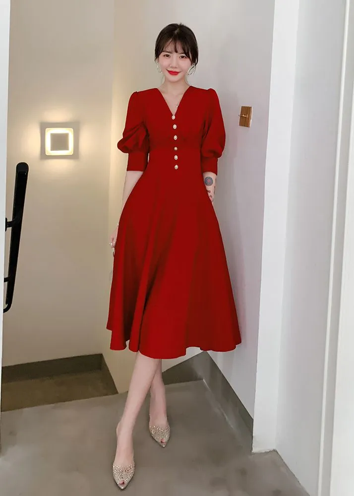 Elegant Puff Sleeve Beaded Fit & Flare Maxi Dress