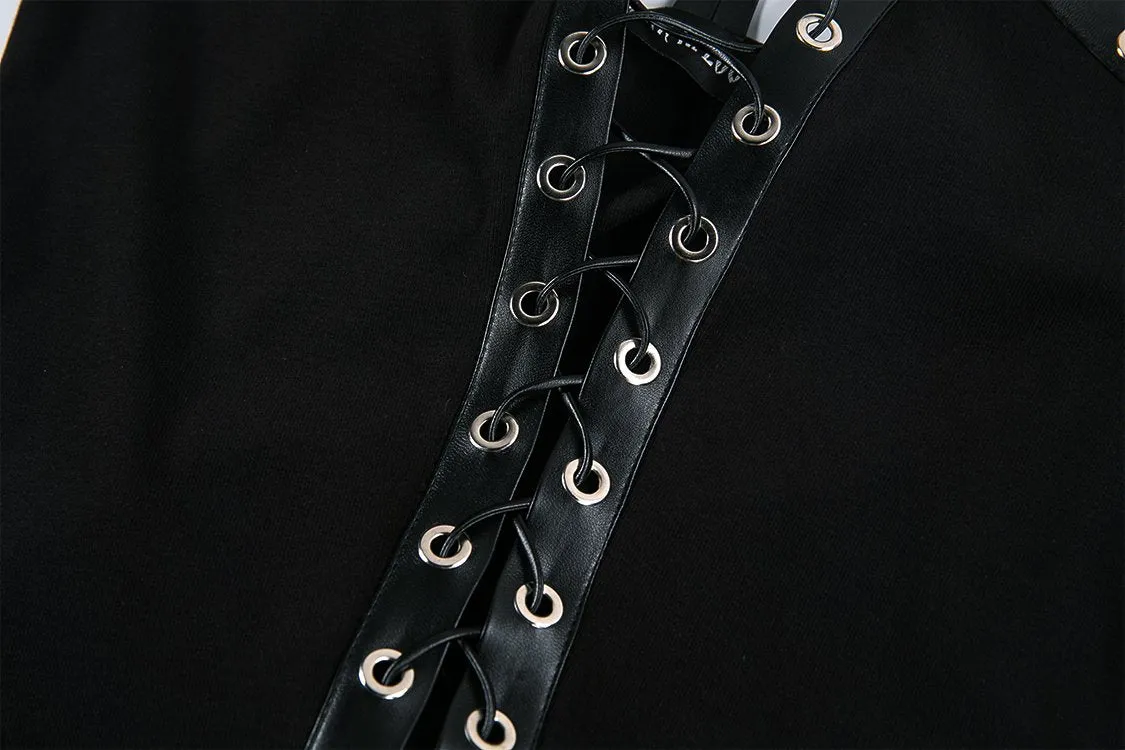 Punk knitted dress with net pattern hem and sexy eyelet rope design DW189