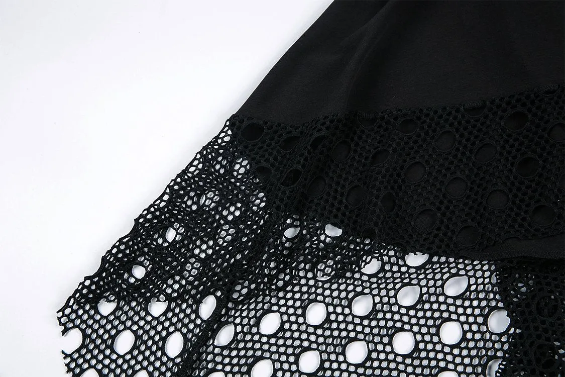Punk knitted dress with net pattern hem and sexy eyelet rope design DW189