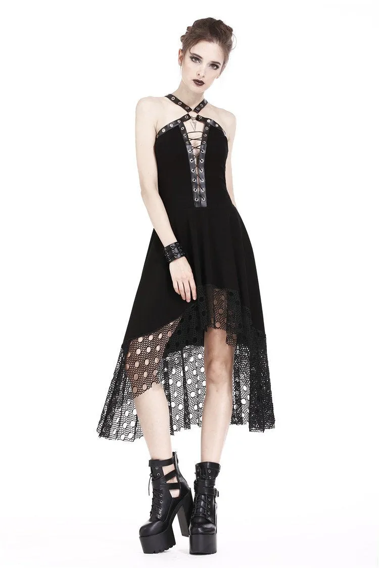 Punk knitted dress with net pattern hem and sexy eyelet rope design DW189
