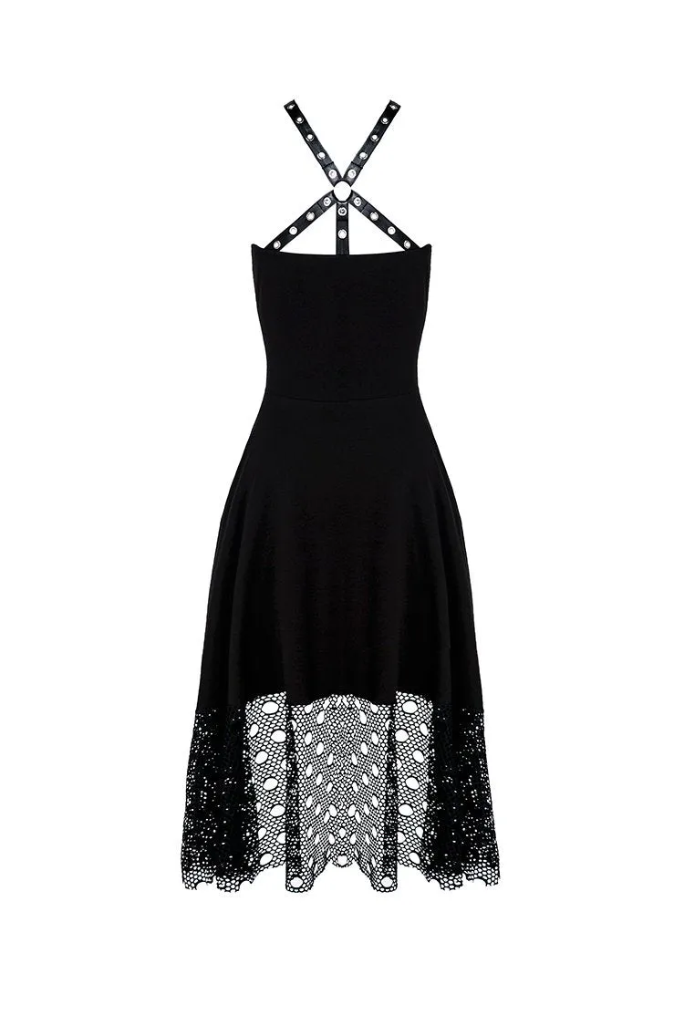 Punk knitted dress with net pattern hem and sexy eyelet rope design DW189