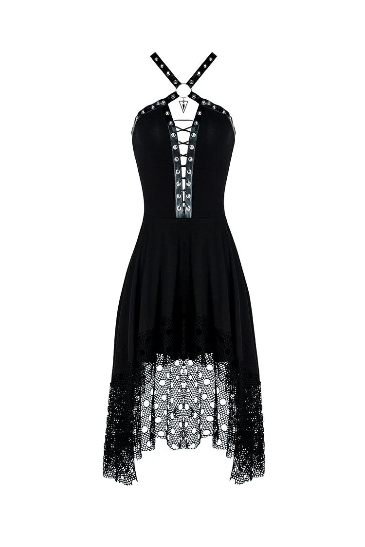 Punk knitted dress with net pattern hem and sexy eyelet rope design DW189