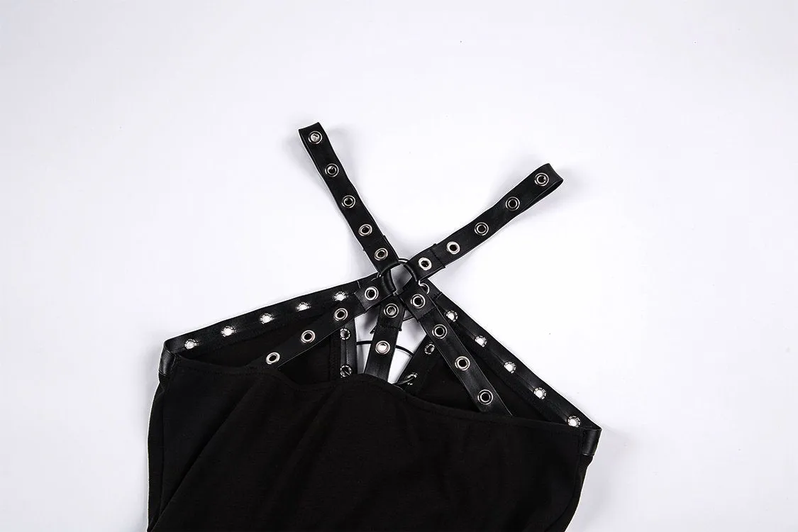Punk knitted dress with net pattern hem and sexy eyelet rope design DW189