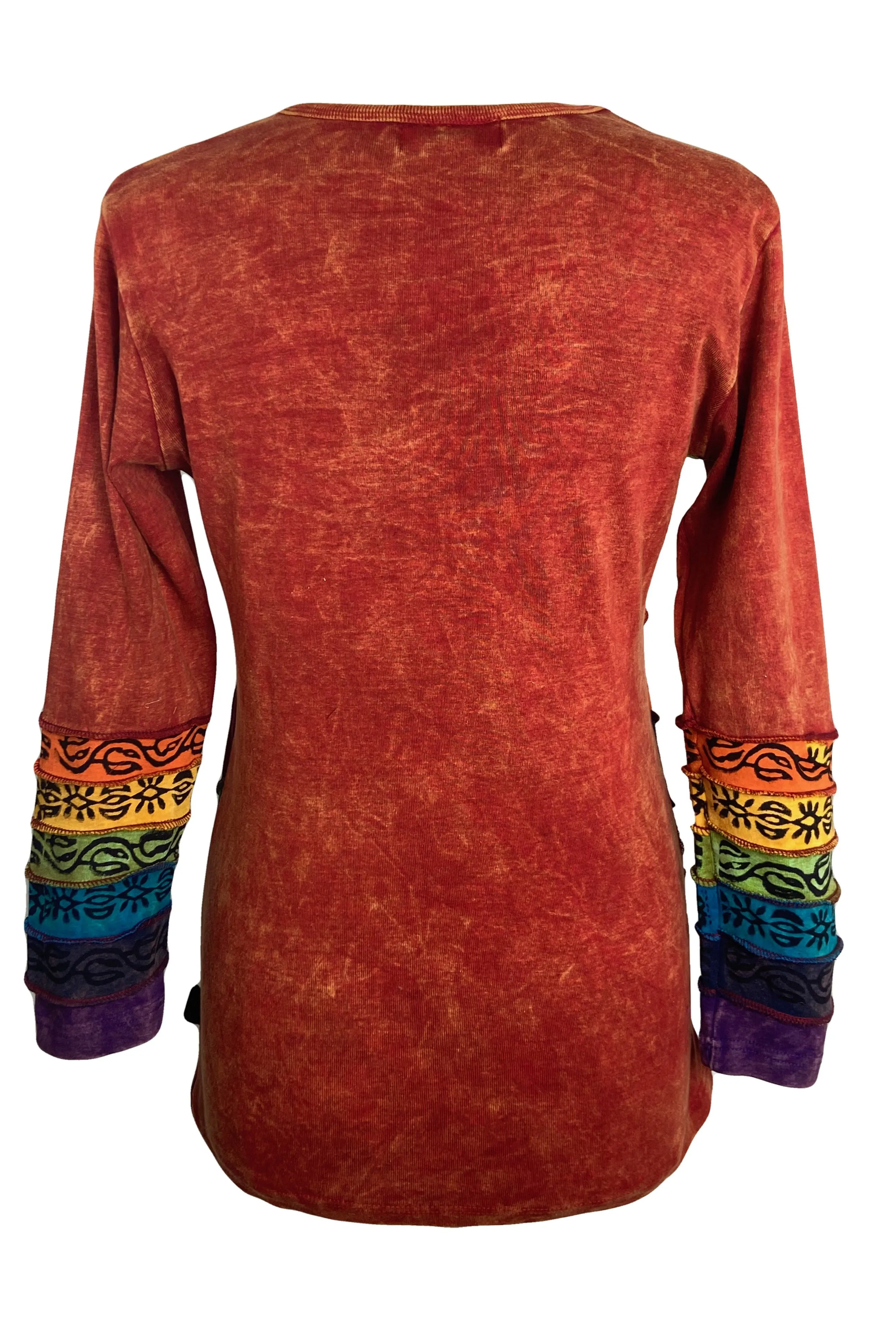 R 231 Denim Multi-colored Diagonal Patched Floral Embroidered Boho Blouse