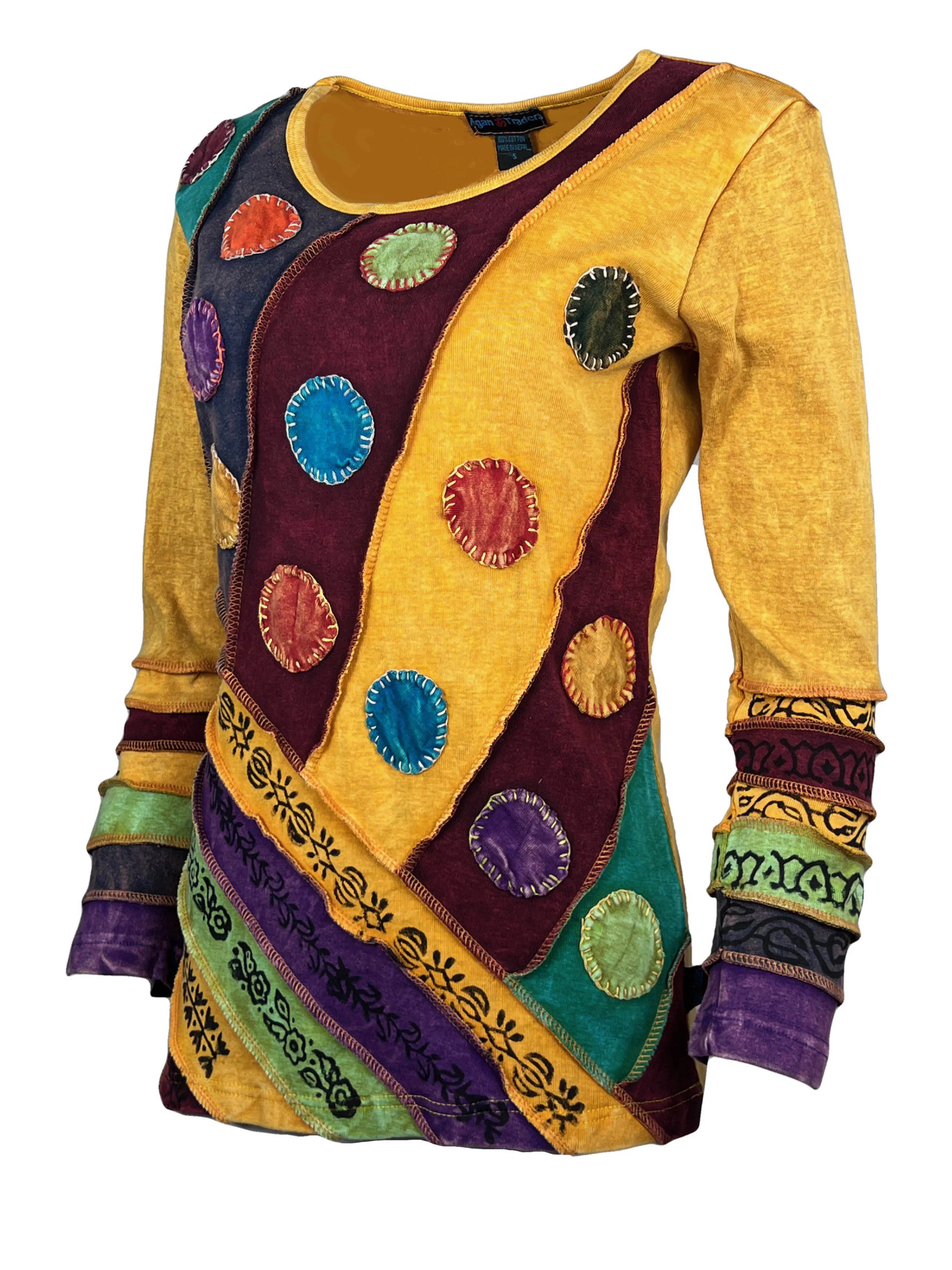 R 231 Denim Multi-colored Diagonal Patched Floral Embroidered Boho Blouse