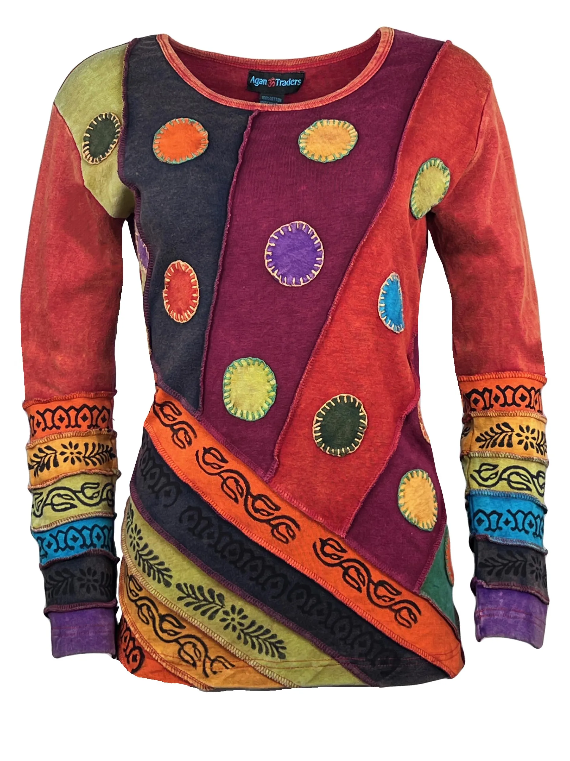 R 231 Denim Multi-colored Diagonal Patched Floral Embroidered Boho Blouse