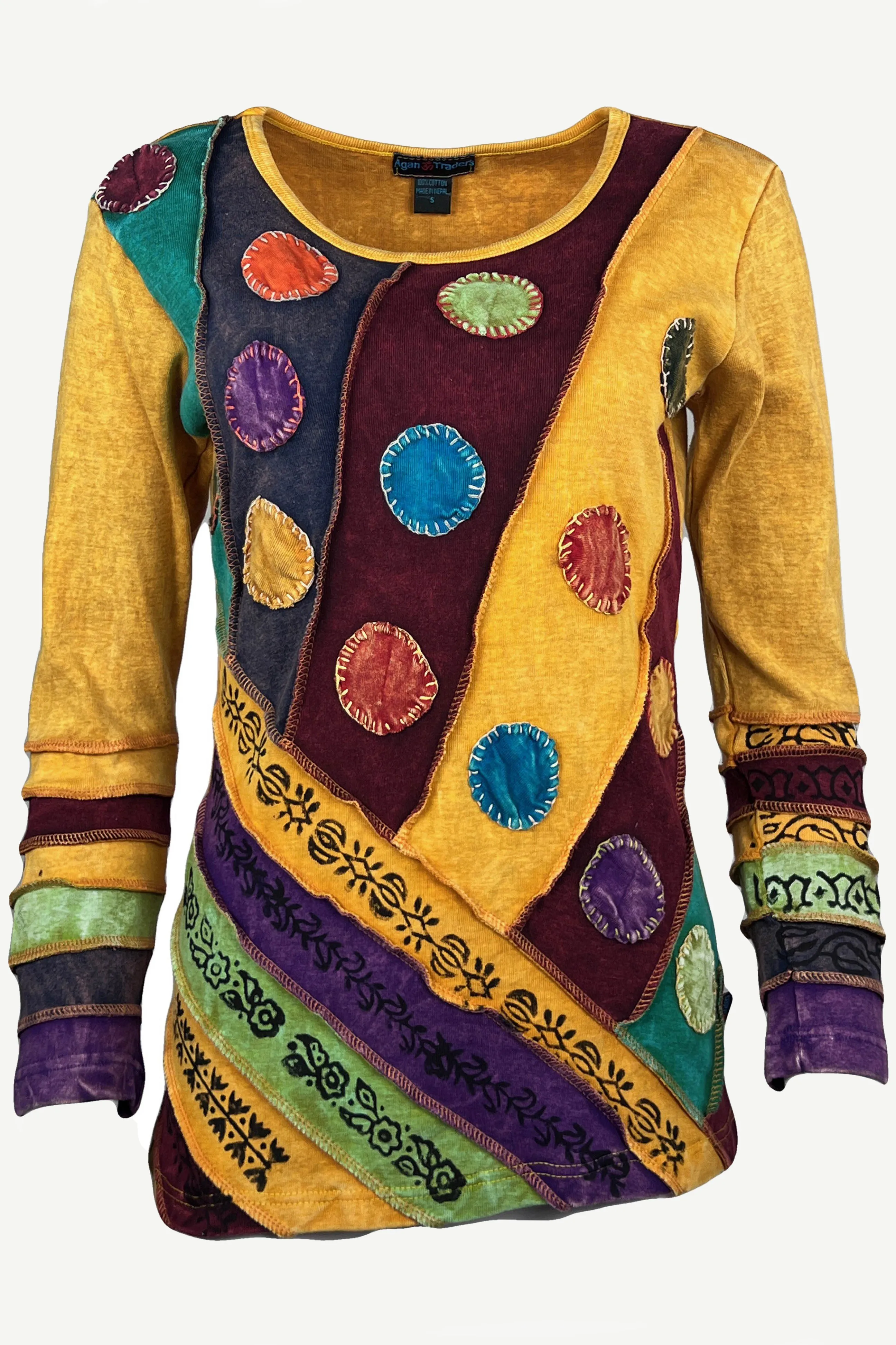 R 231 Denim Multi-colored Diagonal Patched Floral Embroidered Boho Blouse
