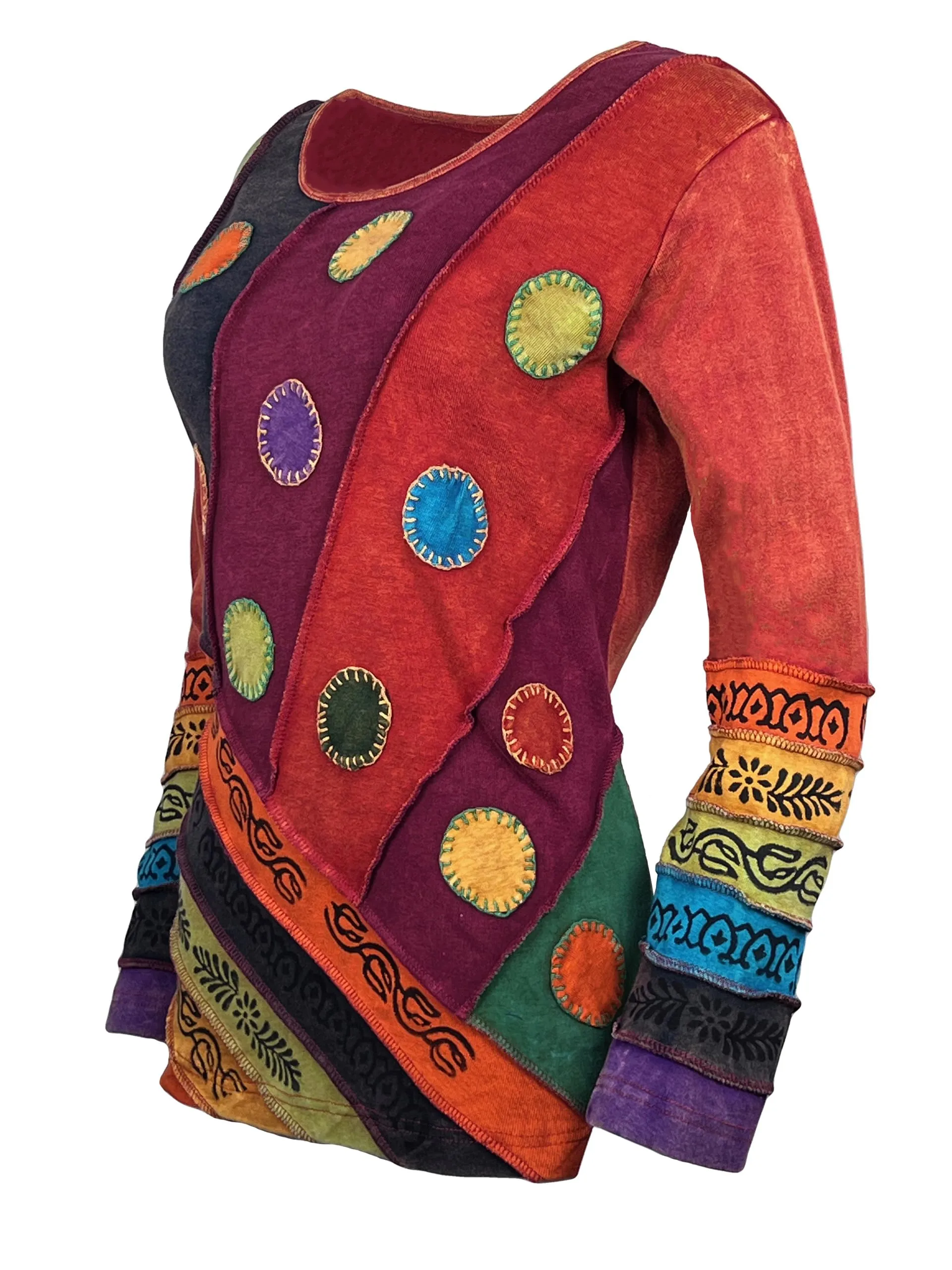 R 231 Denim Multi-colored Diagonal Patched Floral Embroidered Boho Blouse