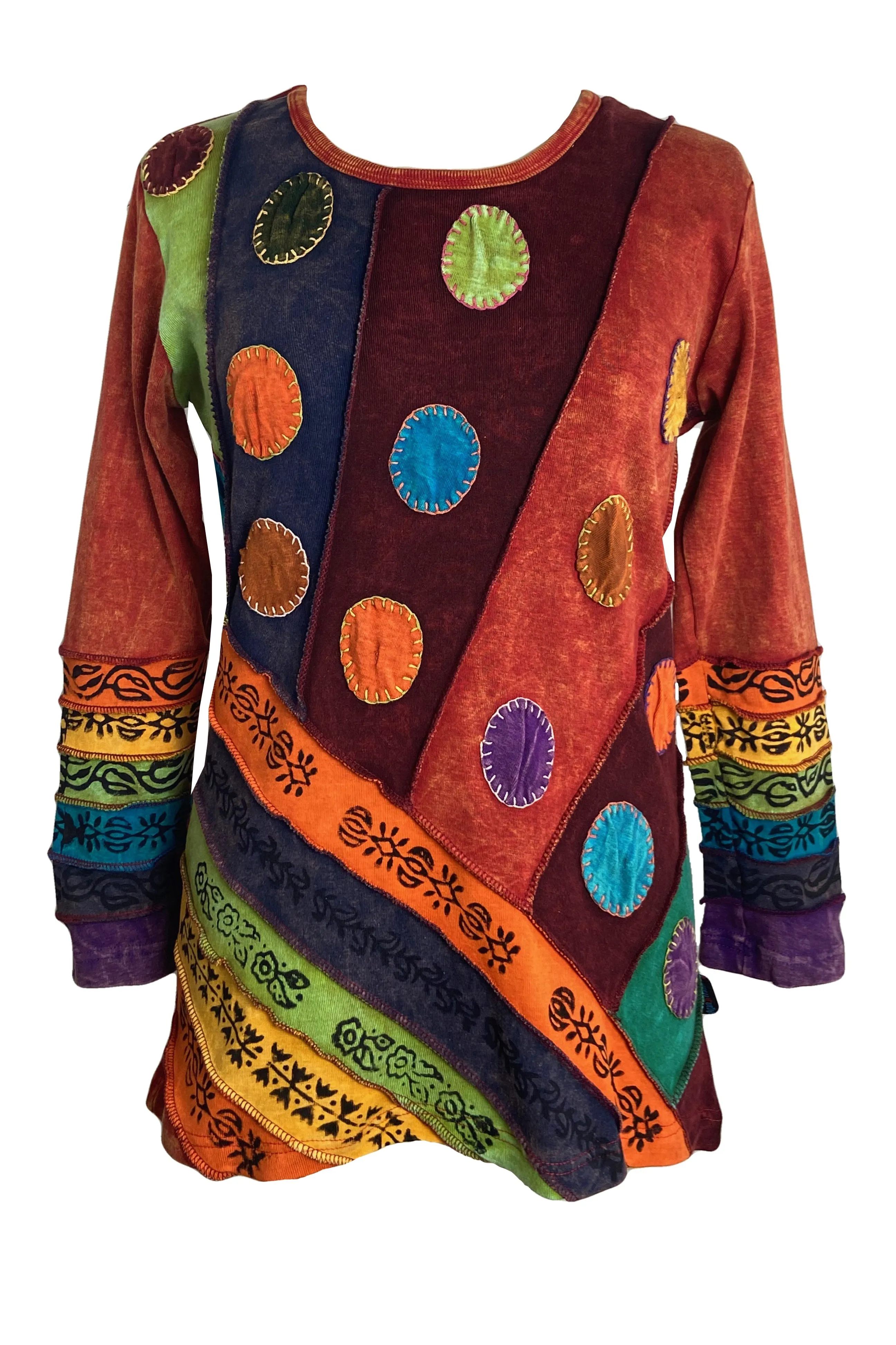 R 231 Denim Multi-colored Diagonal Patched Floral Embroidered Boho Blouse