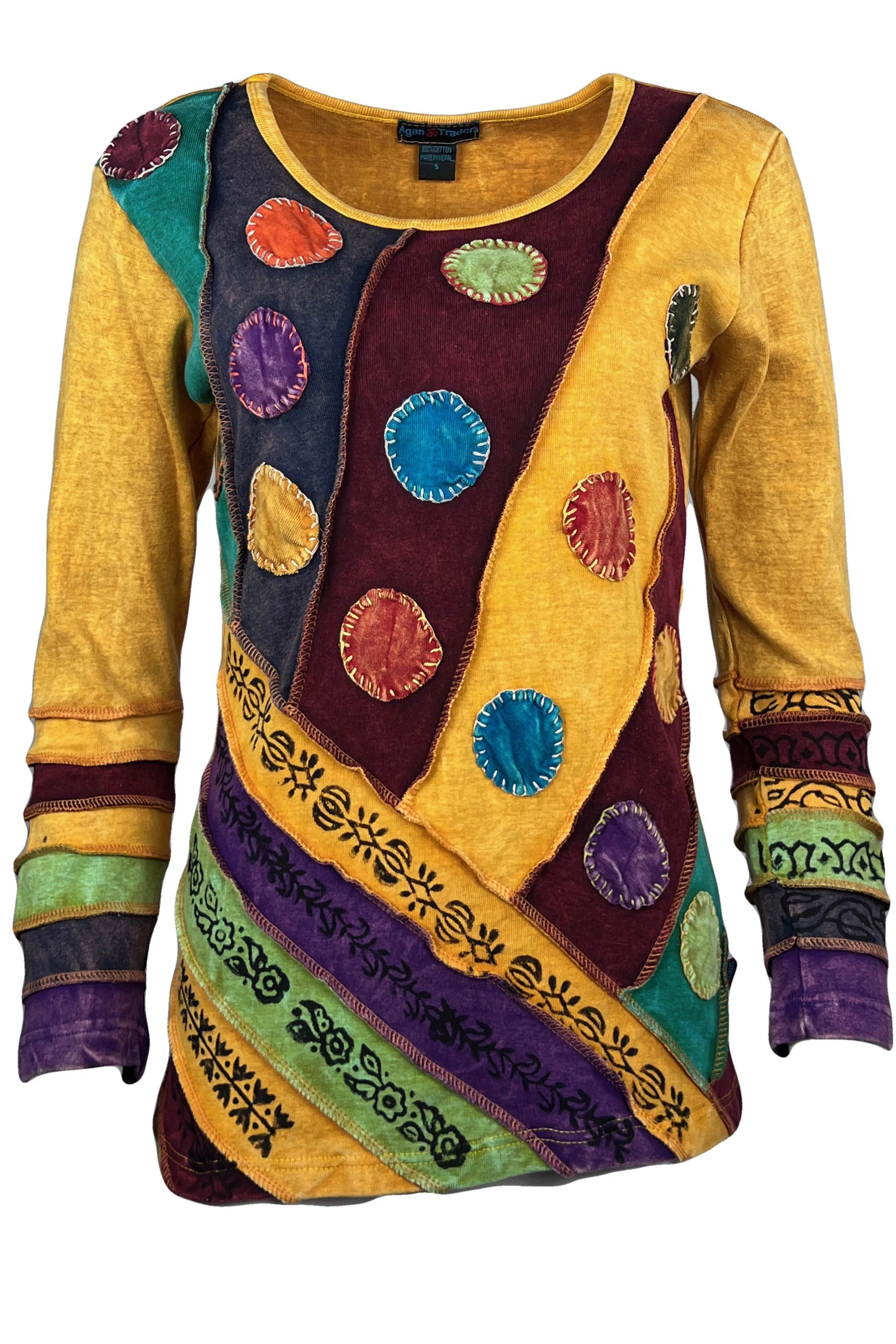 R 231 Denim Multi-colored Diagonal Patched Floral Embroidered Boho Blouse
