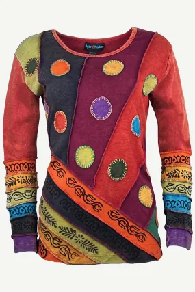 R 231 Denim Multi-colored Diagonal Patched Floral Embroidered Boho Blouse