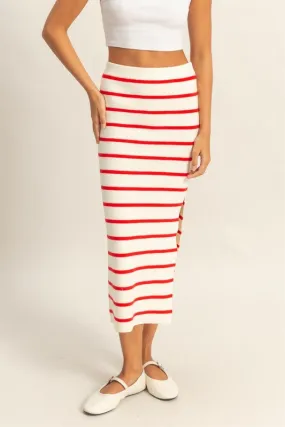 Red and White Striped Knit Midi Skirt