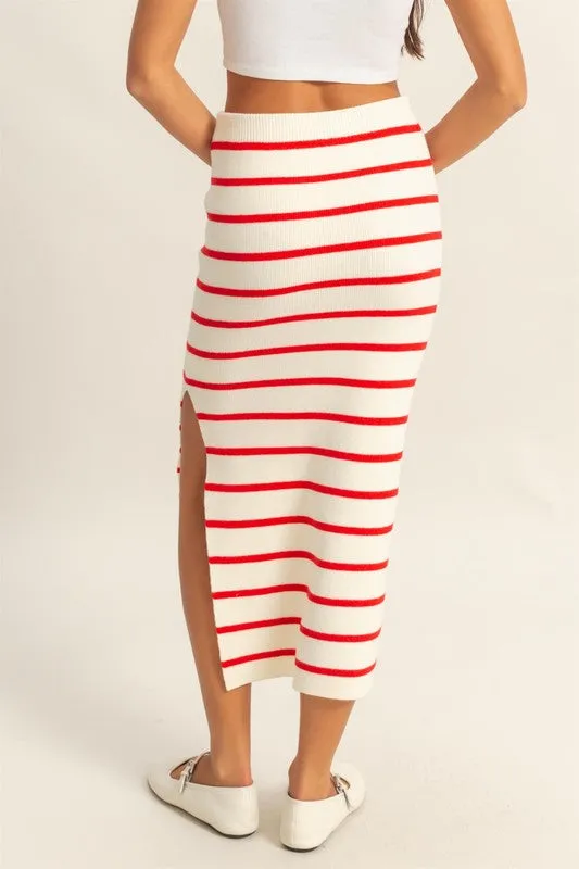Red and White Striped Knit Midi Skirt