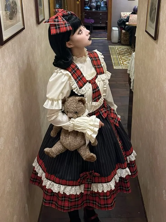 Red Plaid and Black Striped Pattern Dress Detachable Collar and Tie Lolita Jumper Skirt